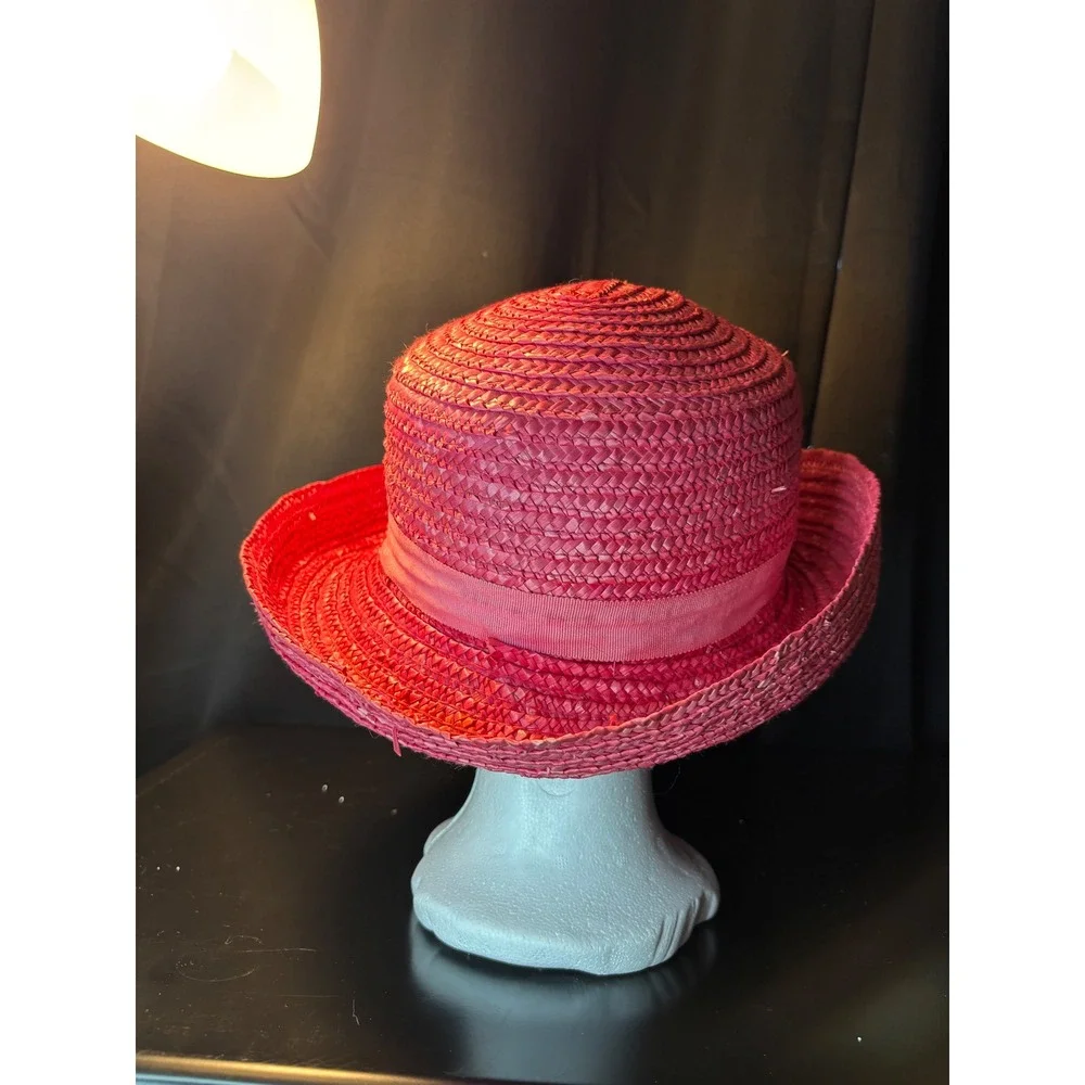Vintage Magenta Pink Straw Sun Hat Wide Brim Floral Ribbon Accent Summer Beach